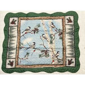 2 Winter Chickadee Pillow Sham Quilted Woodland Birds Pine Cones Trees Set Of 2